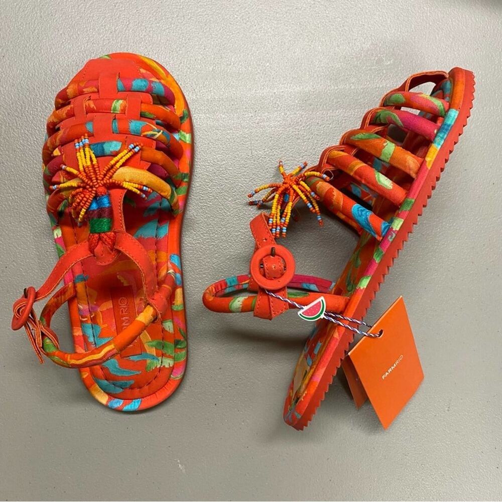 Farm Rio Sandal Flat Tropical Tube Strap Buckle Beaded Orange Size 7 NIB
